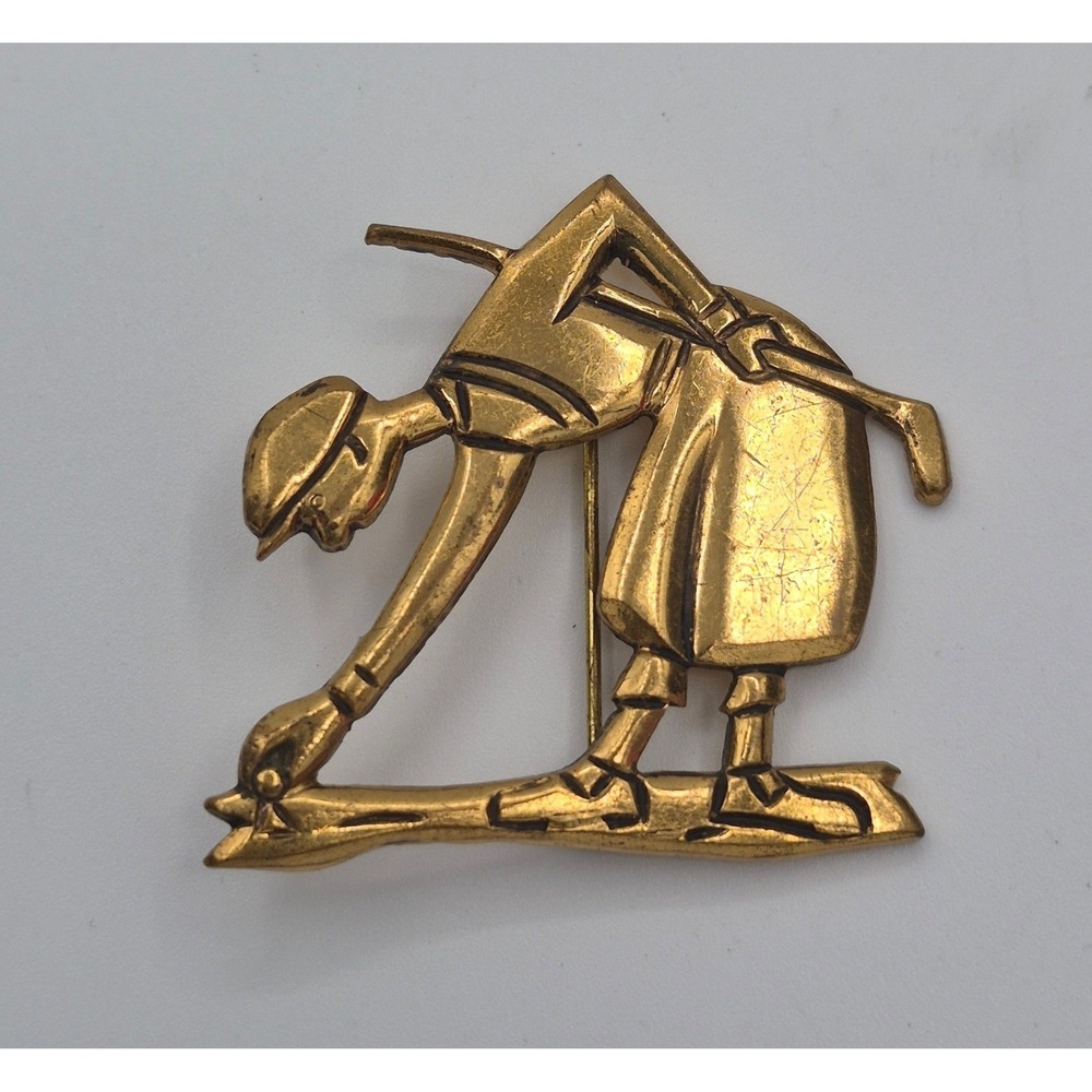 Vintage Female Golfer Brooch Gold Tone Sporty Pin
